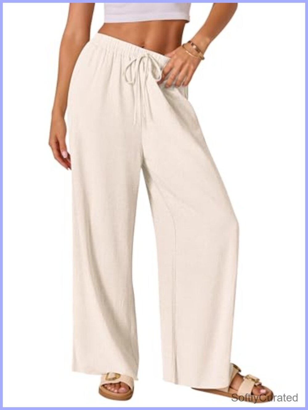 Cotton Linen Palazzo Pants Drawstring Elastic Waist Wide Leg Lounge Trousers
